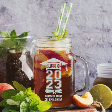 Personalized Name/Text Drinking Mug Glass | Etched Graduate Jar Glass